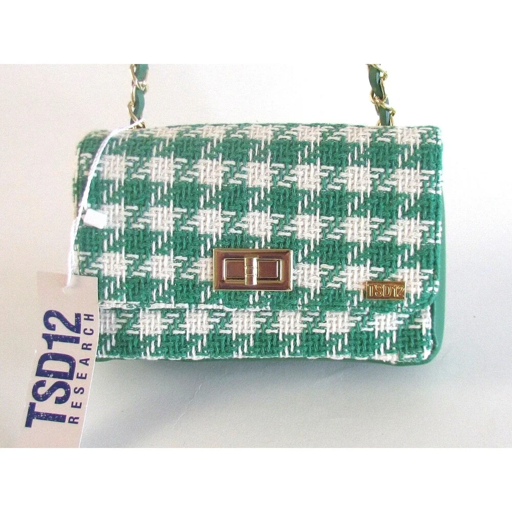 DESIGNER TSD12 GREEN /WHITE CHECK FABRIC PRINT CHAIN DETAIL SMALL CROSSBODY BAG